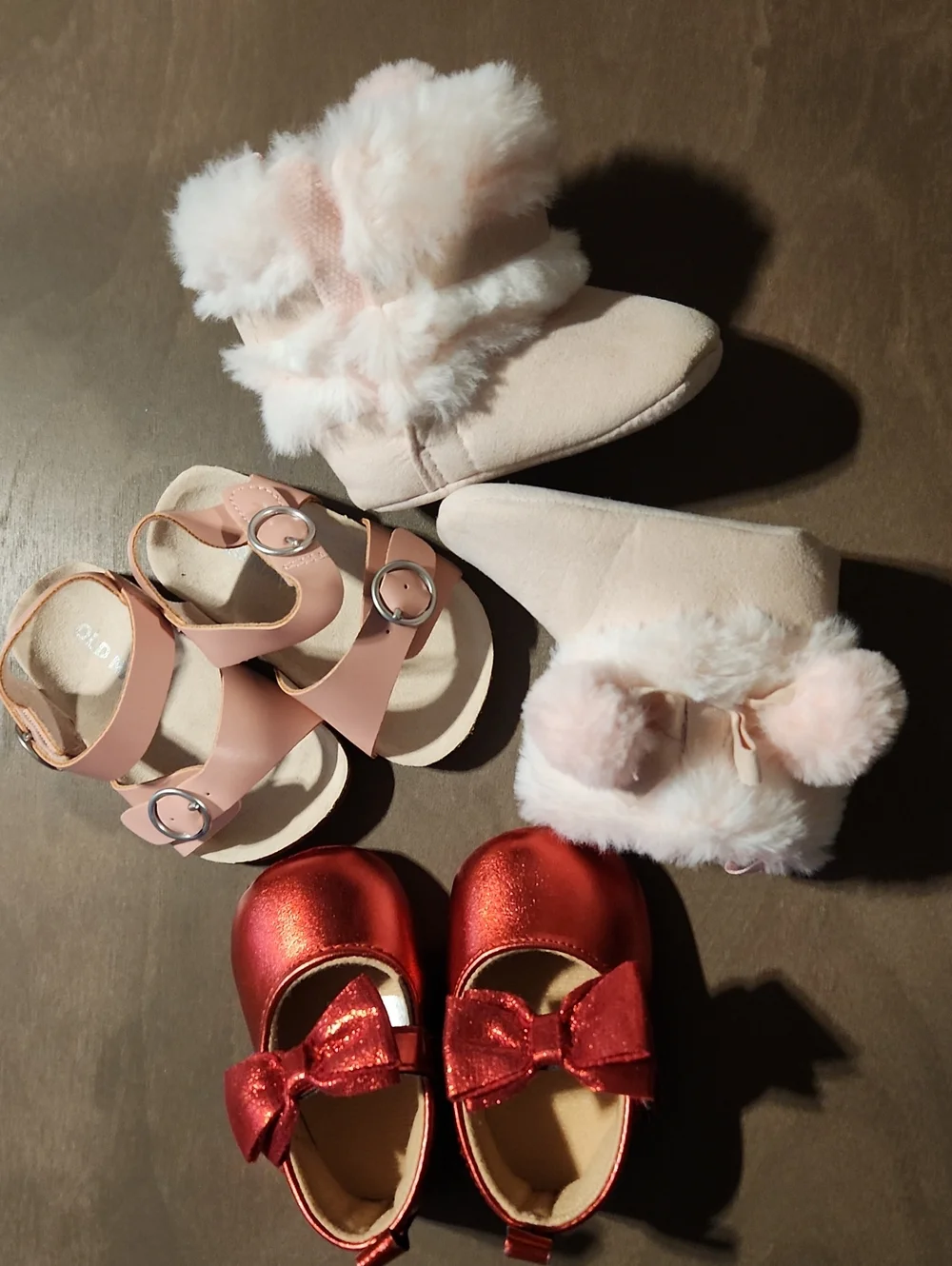 Baby Girls Pink Fur Booties & Sandals & Red Mary Jane Set